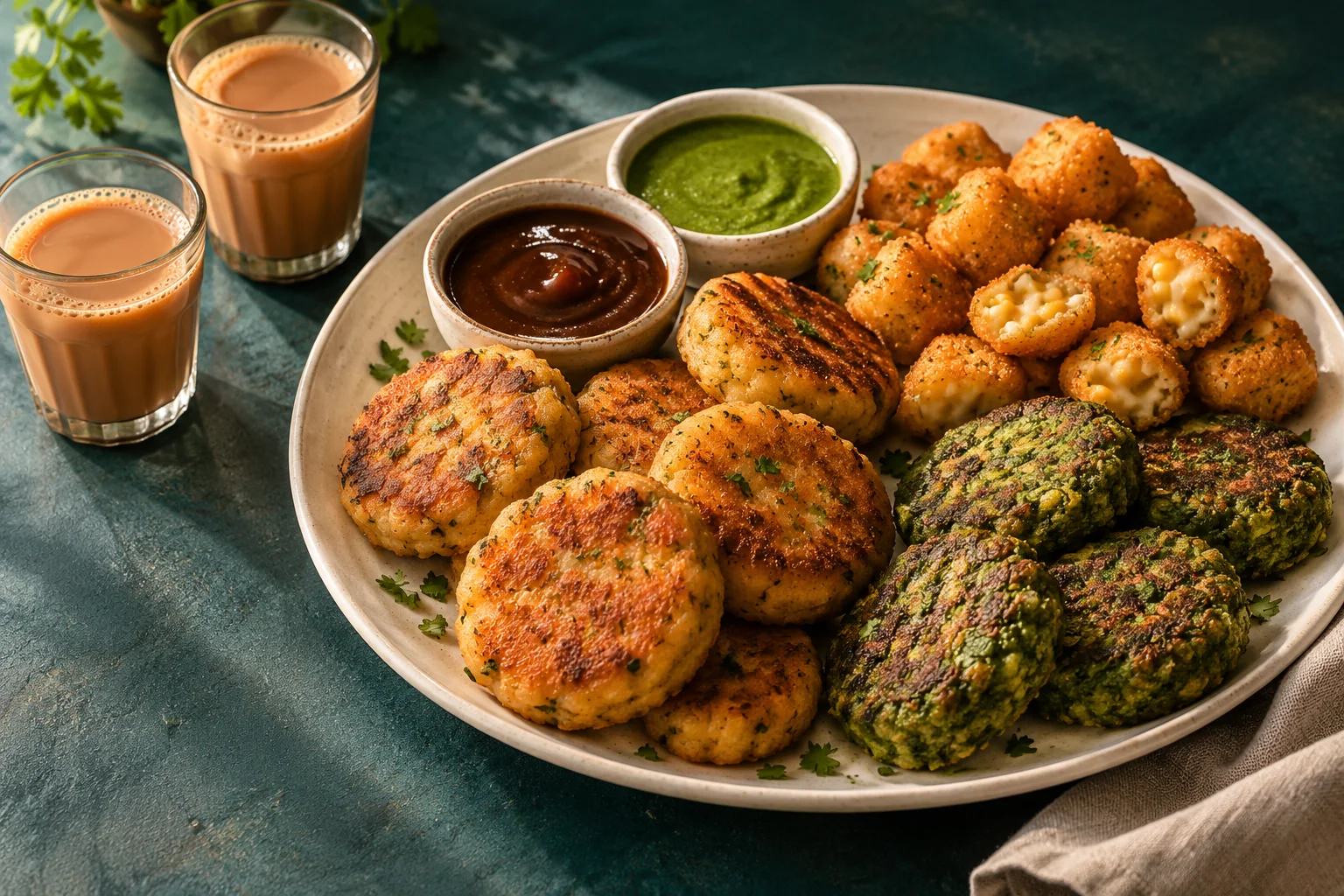 Serving illustration: aloo tikki, cheese corn nuggets and hara bhara kebab with two dips and chai